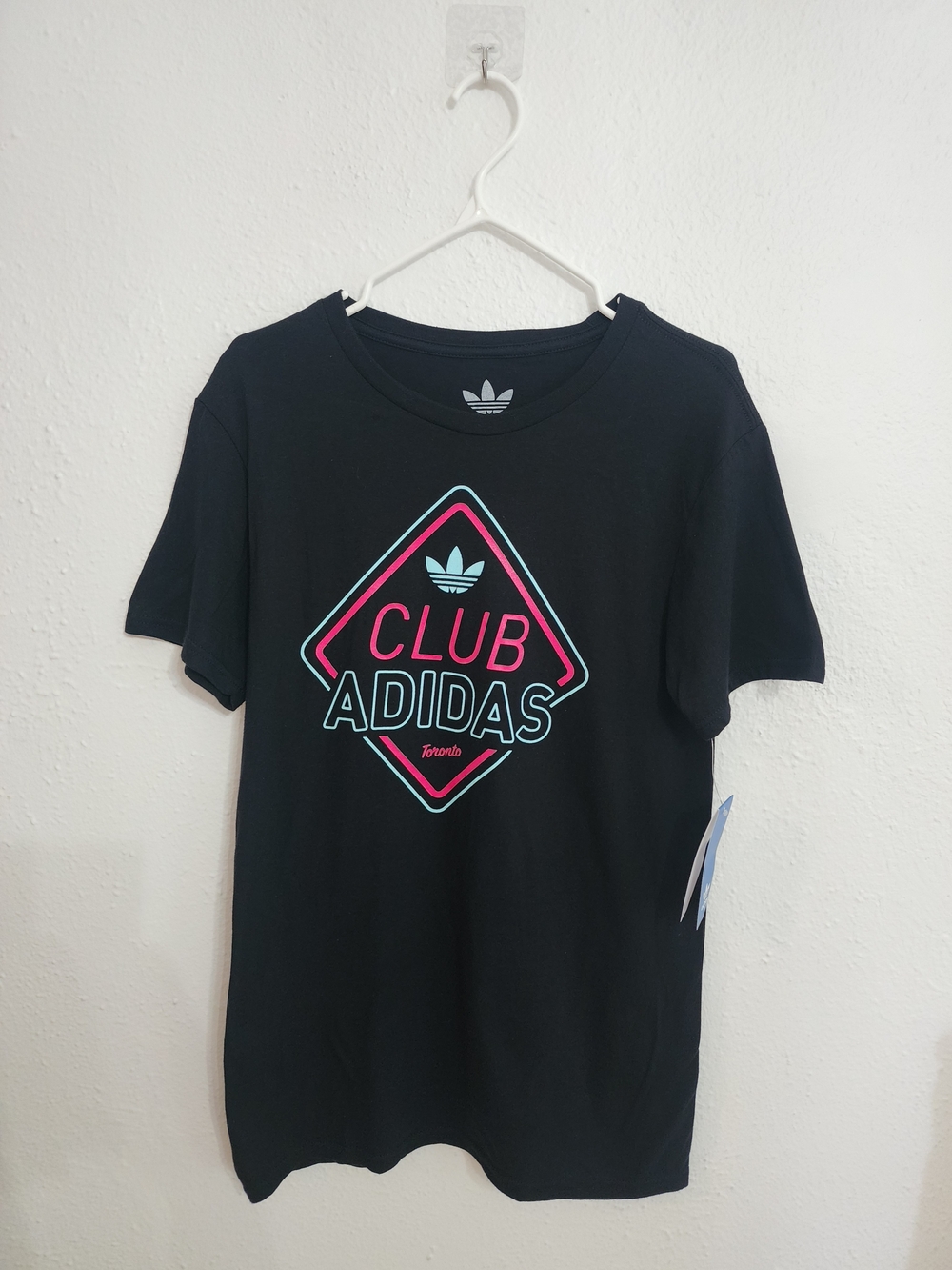 Adidas Black Tee with Pink & Teal Club Logo Preppy Retro